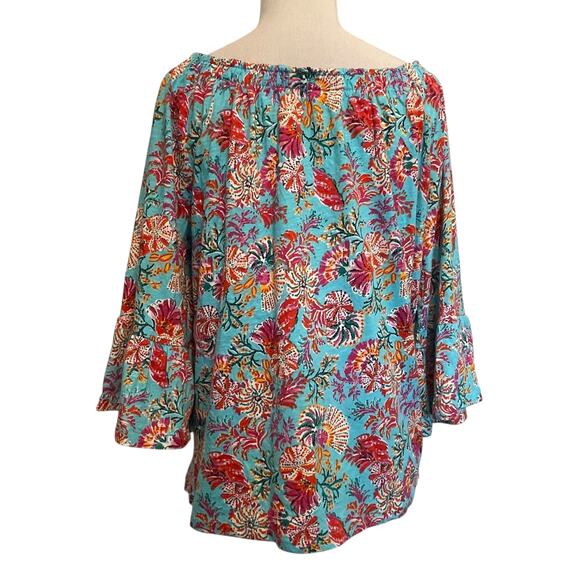 Stella Parker Colorful Tropical Top Womens Medium Turquoise Floral Cotton Blouse - Picture 4 of 7